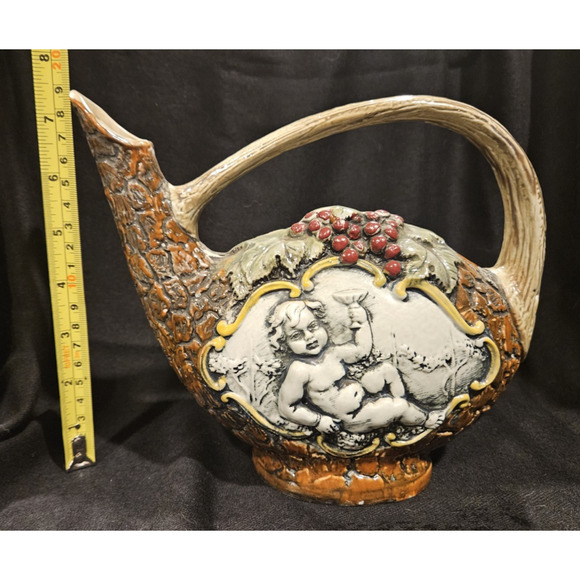 Vintage Pitcher Vase Cherub Angel Fruit Bischoff - Hand Painted Italy - 7.5" - Picture 2 of 7